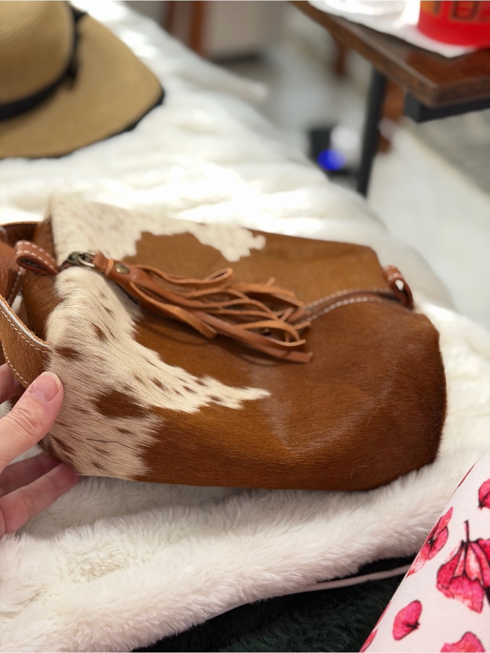Leather and Haircalf Brown and White Makeup Bag